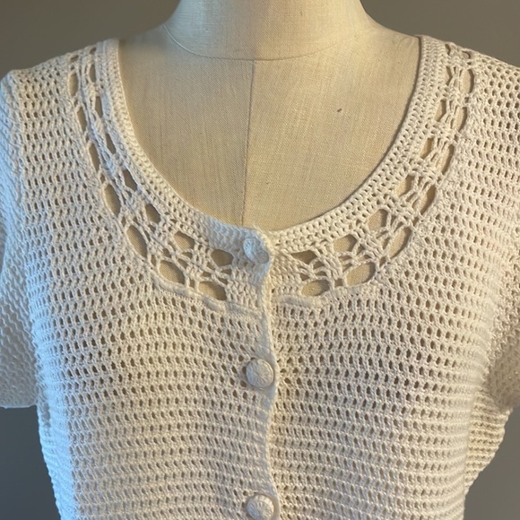 Josephine Chaus white crochet button up cardigan short sleeve cotton size Lrg - Picture 2 of 11